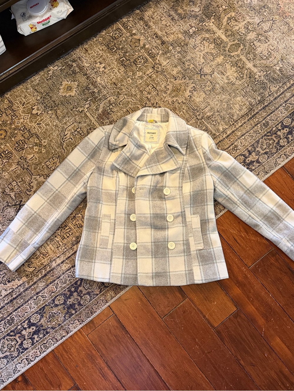 Women’s Old Navy Gray/White/Blue Plaid Pea Coat | Sz L